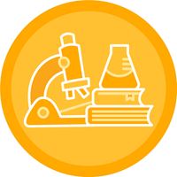yellow circle with outline of microscope, beaker and books