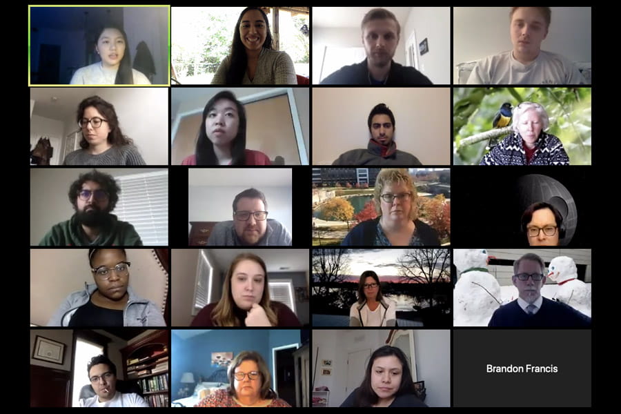 a screenshot of students and faculty working via zoom to plan the class curriculum