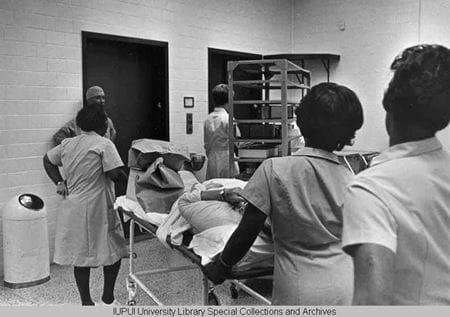 Patients being moved from Long to University Hospital in 1970