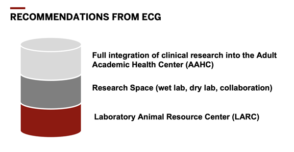 Three tiers show recommendations from ECG: full integration of clinical research into the adult academic health center, research space, and laboratory animal resource center