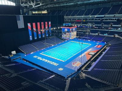 Olympic pool, ready for competition, inside Lucas Oil Stadium, without any fans, prior to the start of the Olympic Trials.