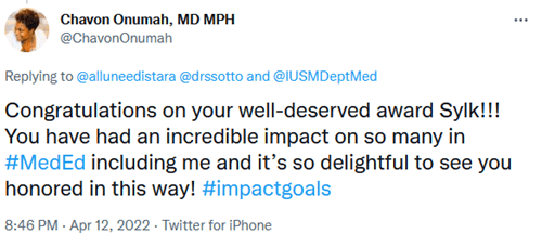 Tweet by Chavon Onumah: "Congratulations on your well-deserved award Sylk!!! You have had an incredible impact on so many in #MedEd including me and it’s so delightful to see you honored in this way! #impactgoals"