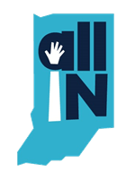 This is a logo for All in for Health, which displays a hand inside a map of Indiana.