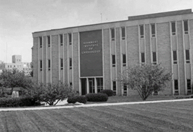 Image depicts a black and white imiage of the original building of Krannert Institute of Cardiology in the 1960s. Courtesy of IUPUI Special Collections, UA24-003917