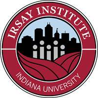 indianapolis city skyline in a red circle with "Irsay Institute" written on top and "indiana university" on the bottom
