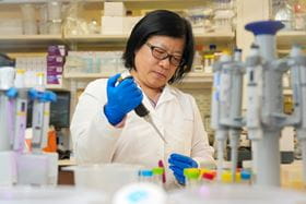 Female researcher pipetting in a lab