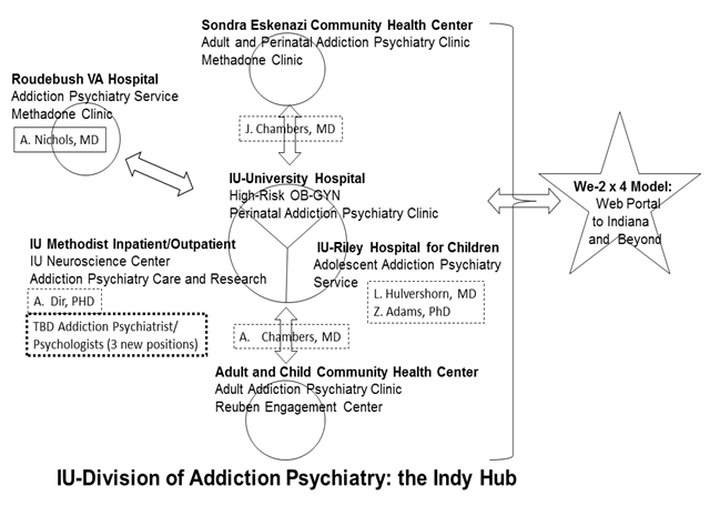 Figure showing connection of Addiction Psychiatry clinics and services using 2x4 Model: Adult and Perinatal Addiction Psychiatry Clinic Methadone Clinic at the Sondra Eskenazi Community Health Center with Johanna Chambers, MD Addiction Psychiatry Service Methadone Clinic at Roudebush VA Hospital with Ayesha Nichols, MD High-Risk OB-GYN Perinatal Addiction  Psychiatry Clinic at University Hospital with Andrew Chambers, MD Addiction Psychiatry Care and Research at Methodist Inpatient/Outpatient and IU Neuroscience Center with Ally Dir, PhD Adolescent Addiction Psychiatry Service Riley Hospital for Children with Leslie Hulvershorn, MD and Zachary Adams, PhD Adult Addiction Psychiatry Clinic Reuben Engagement Center at Adult and Child Community Health Center with Andrew Chambers, MD