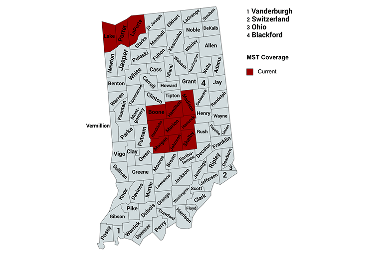 A map showing MST coverage in Indiana counties as of October 2023
