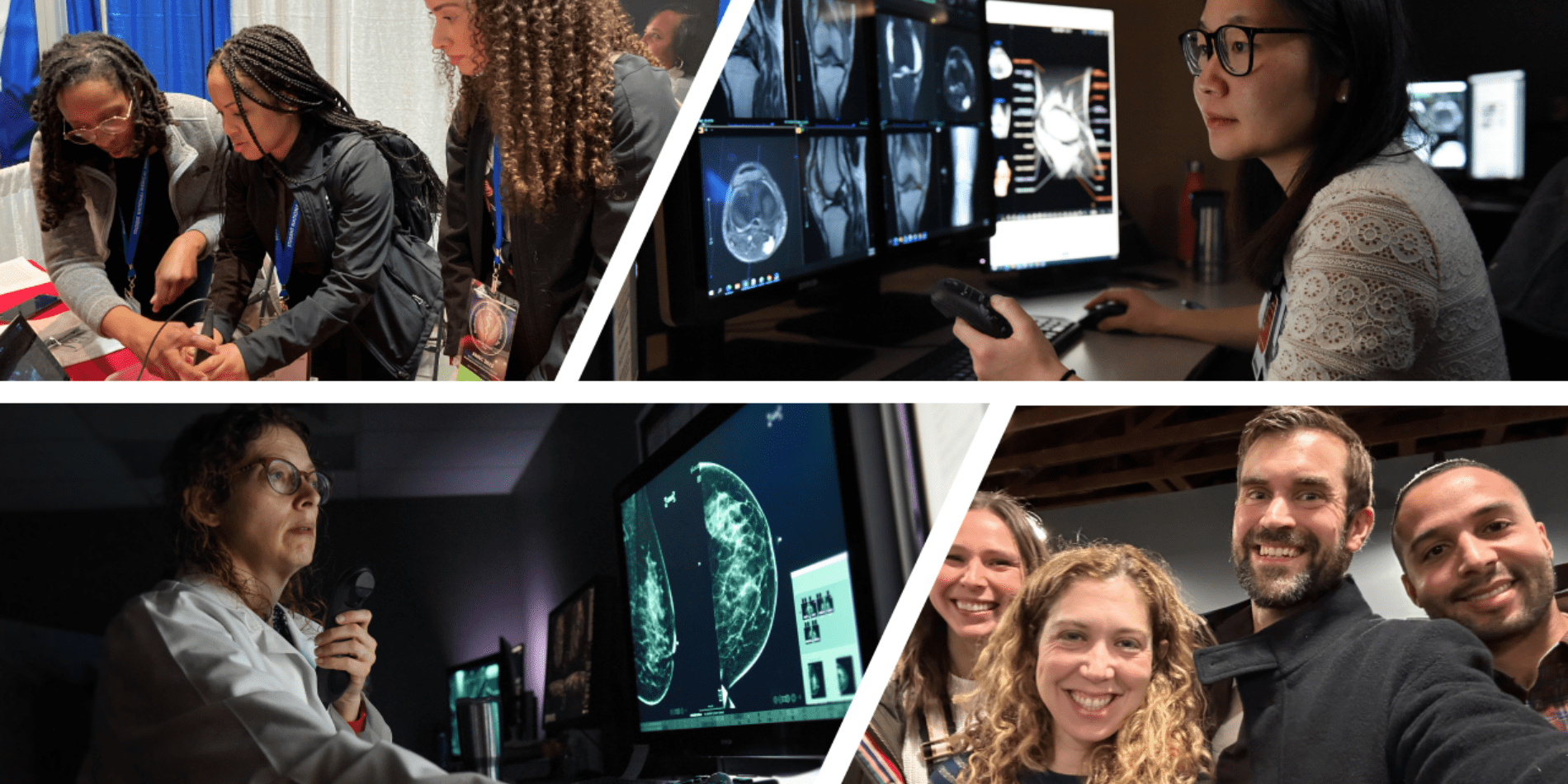 Four image-collage; top left shows a Black radiology resident showing two Black medical student how to use an ultrasound; top right image shows an Asian radiology resident looking at bone scans on a monitor; bottom left image shows a  white radiologist looking a breast images; bottom right image shows four individuals smilling toward the camera for a selfie-style image