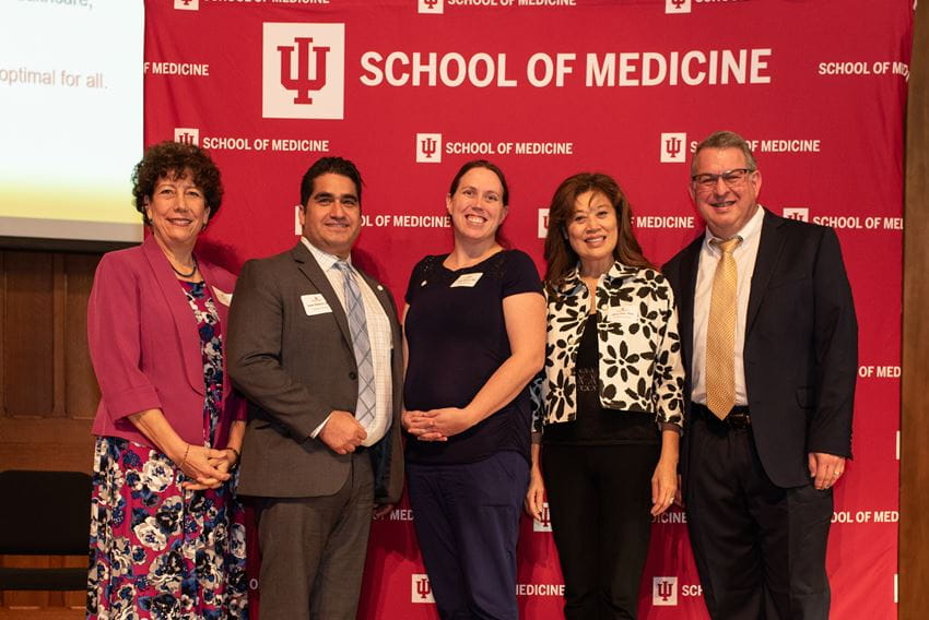 Pictured left to right: Jean Molleston, MD, chapter advisor; Ivan Hadad, MD; Jodie Meara, MD; Amy Han, PhD; Paul Wallach, MD, Executive Associate Dean for Educational Affairs.