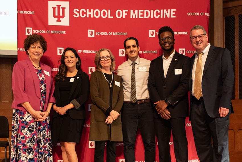 Pictured left to right: Jean Molleston, MD, chapter advisor; Shaney Pena, MD; Michele Howenstine, MD, Senior Associate Dean for Graduate Medical Education and Continuing Education; Fares Elgendy, MD; Chiamara Anokwute, MD.