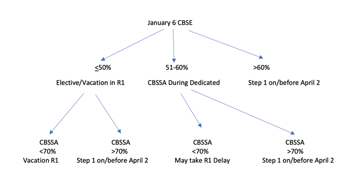 Step 1 flow chart. After the Jan CBSE, students are split into three categories: <50% results in elective/vacation in R1. 51-60% results in CBSAA during dedicated study time. >60% results in step 1 on April 2.
